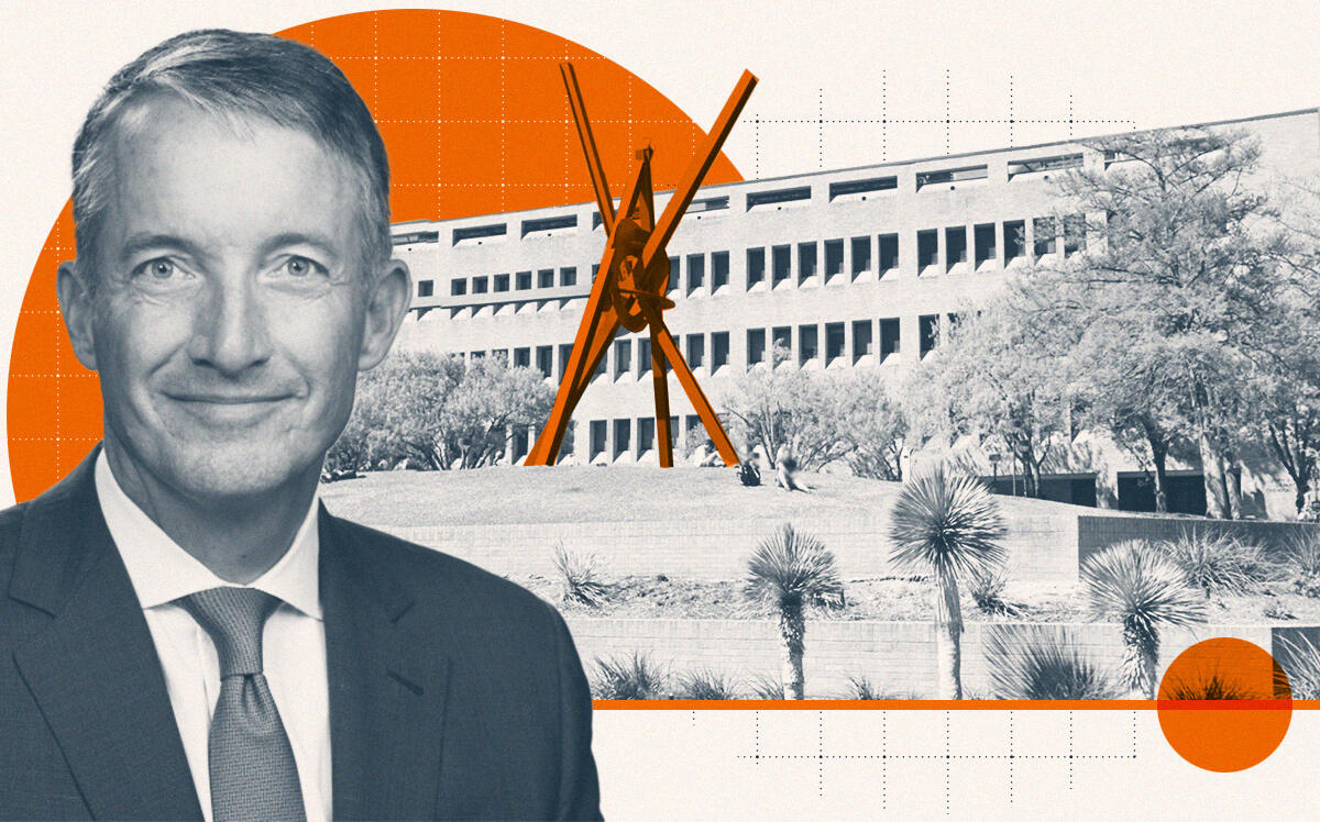 UT Austin president Jay Hartzell with the McKetta Department of Chemical Engineering (University of Texas at Austin, Google Maps, Getty)