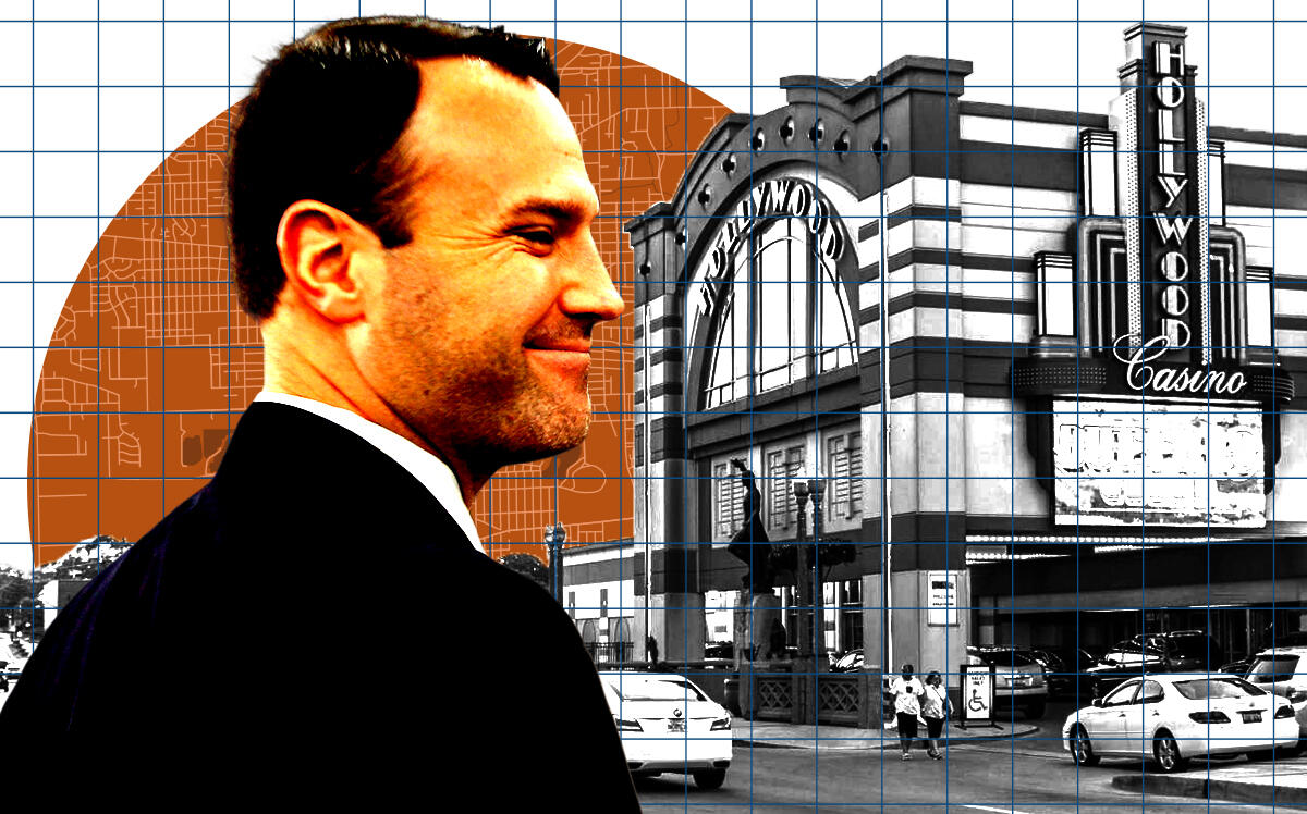 A photo illustration of PENN Entertainment's Jay Snowden and the Hollywood Casino in Aurora (Getty)