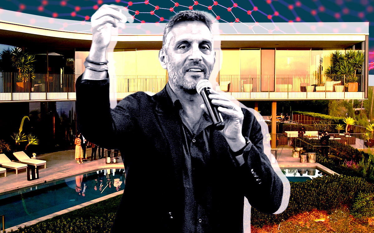 A photo illustration of Mauricio Umansky and the Beverly Hills headquarters of real estate brokerage The Agency (Getty, Photo/Andrew Asch for The Real Deal)