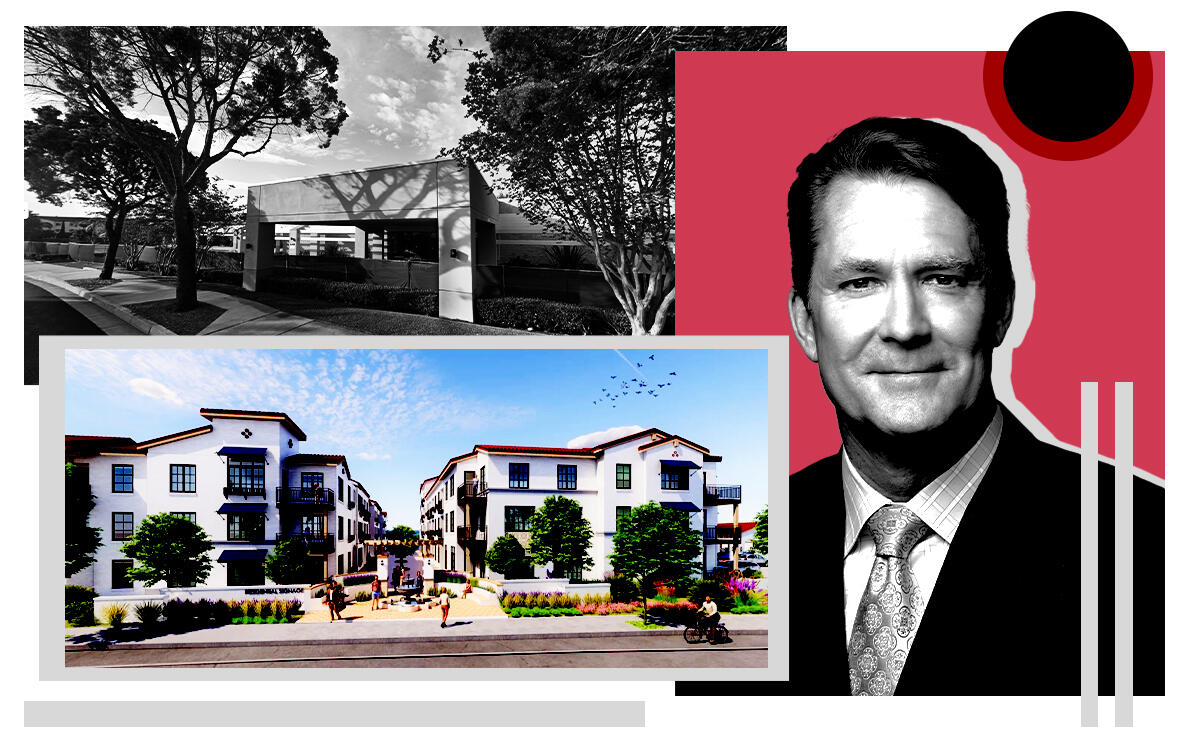 A photo illustration of MemorialCare Health's Barry Arbuckle along with the current site at 654 Camino De Los Mares in San Clemente (top) and a rendering of the planned senior housing redevelopment (bottom) (Getty, Google Maps, MemorialCare Health)