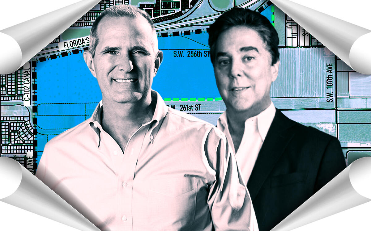 From left: Jose Hevia and Stephen Blumenthal along with a rendering of the planned industrial complex outside the Urban Development Boundary (Coral Rock Development, Aligned Real Estate Holdings)