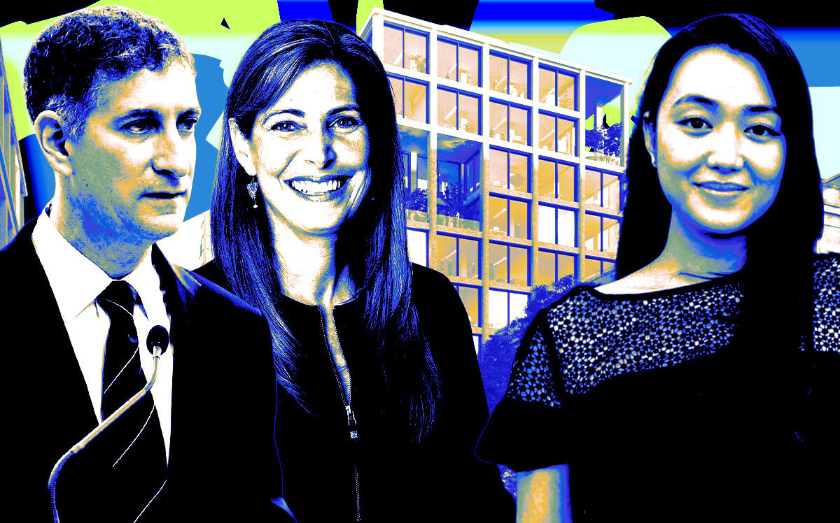 From left: Silverstein Properties CEO Marty Burger; BedRock Real Estate Partners co-founder Tracey Applebaum; Council member Julie Won; a rendering of Innovation QNS in Astoria (Getty, BedRock Real Estate Partners, New York City Council)