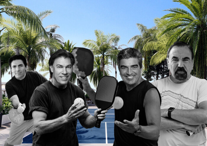 Camilo Miguel, Jr., Edgardo Defortuna, Carlos Rosso and Jorge Perez with a rendering of the Casamar Pickleball Court (LinkedIn, Wikipedia, Dragon Global, Standard Residences)
