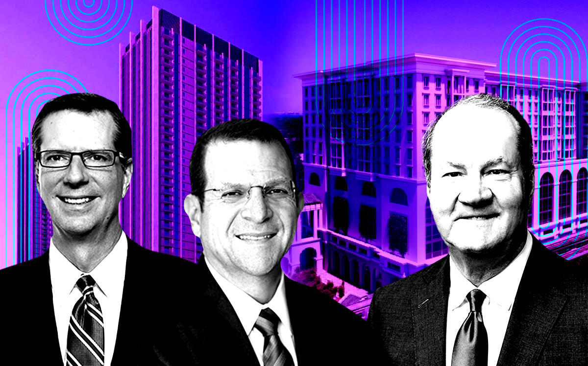 From left: Harbor Group International’s T. Richard Litton Jr and Jordan Slone, and Hines Global Income Trust's Jeffrey Hines with 100 Northwest Sixth Street and 237 South Dixie Highway (Getty, Parkline, Harbor Group International, Hines Global Income Trust, Gables Station)