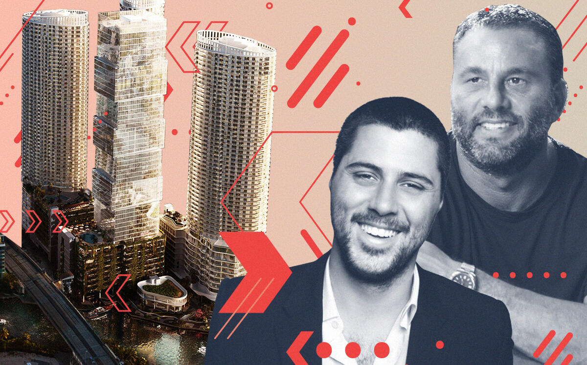 Michael Chetrit and David Grutman with rendering of megaproject along the Miami River (LinkedIn, Groot Hospitality, JORG, Getty)