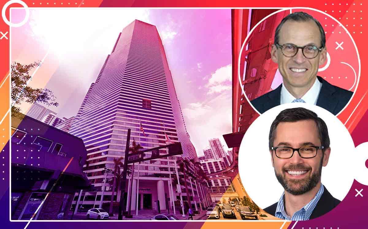 CP Group Managing Partner Angelo Bianco, DRA Advisors President and CEO David Luski and Miami Tower at 100 Southeast Second Street (CPGCRE, DRA Advisors, Google Maps)