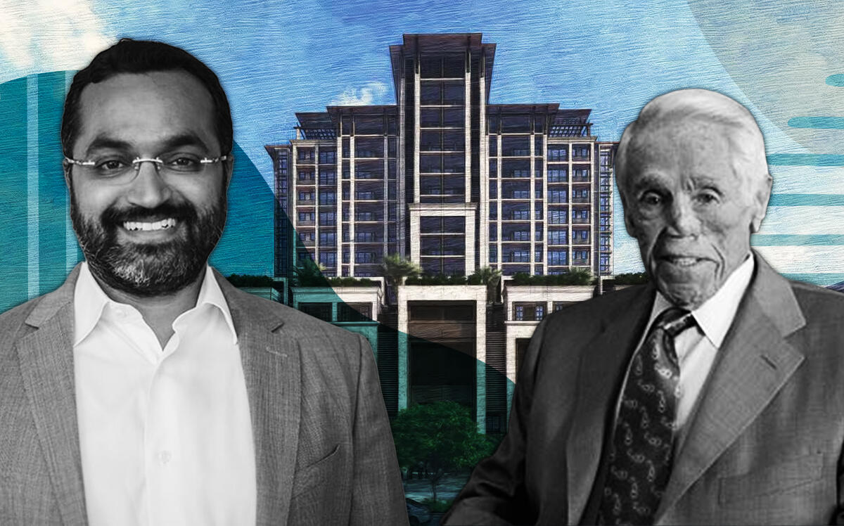 Location Ventures’ Rishi Kapoor, Florida East Coast Realty’s Tibor Hollo and a rendering of the project (Hamed Rodriguez Architects/Location Ventures)