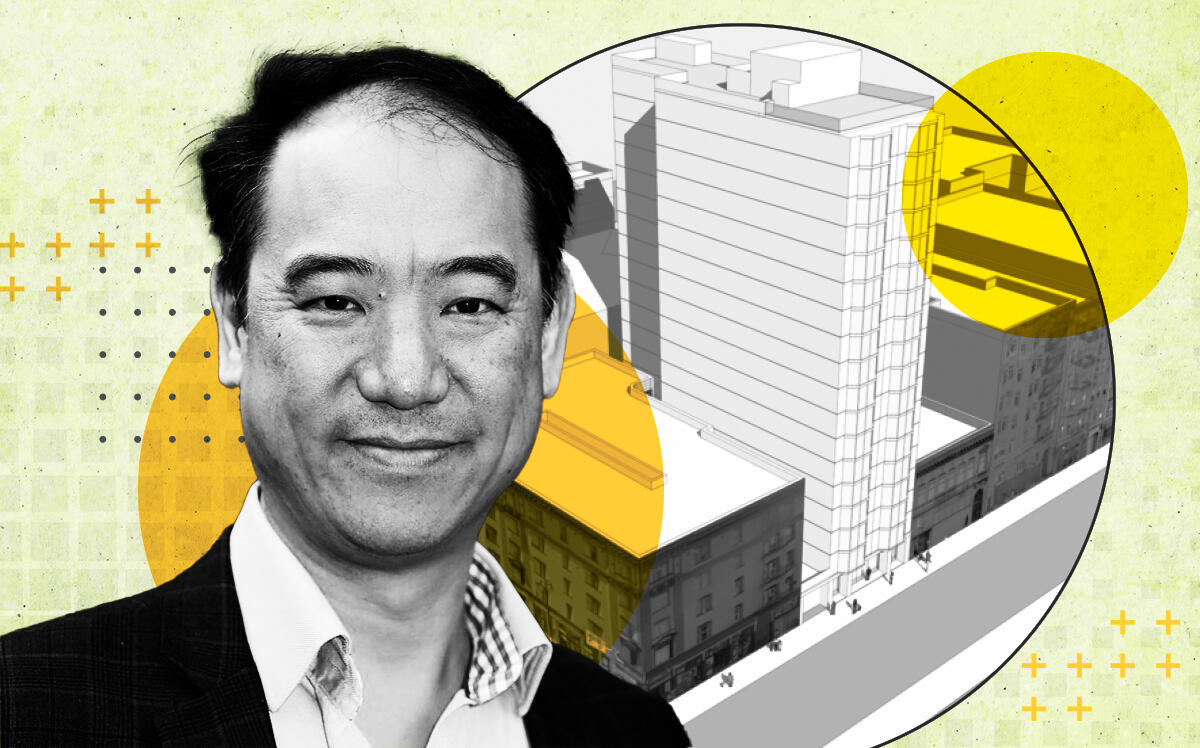Veritas Investments founder and ceo Yat-Pang Au with a rendering of the project at 105-111 Turk Street, San Francisco (LinkedIn, SmithGroup)