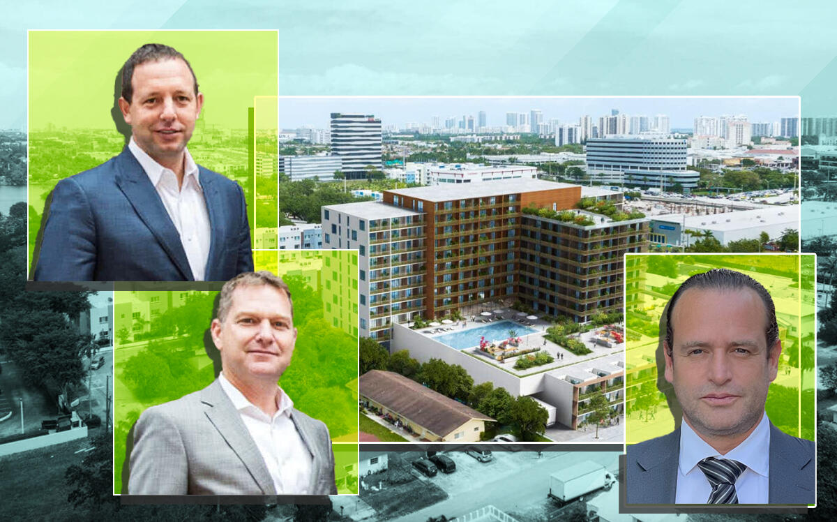 A rendering of the project with Adam America Real Estate’s Omri Sachs and Dvir Cohen-Hoshen and Stellar Communities’ Larry Baum (ODP Architects, Adam America)