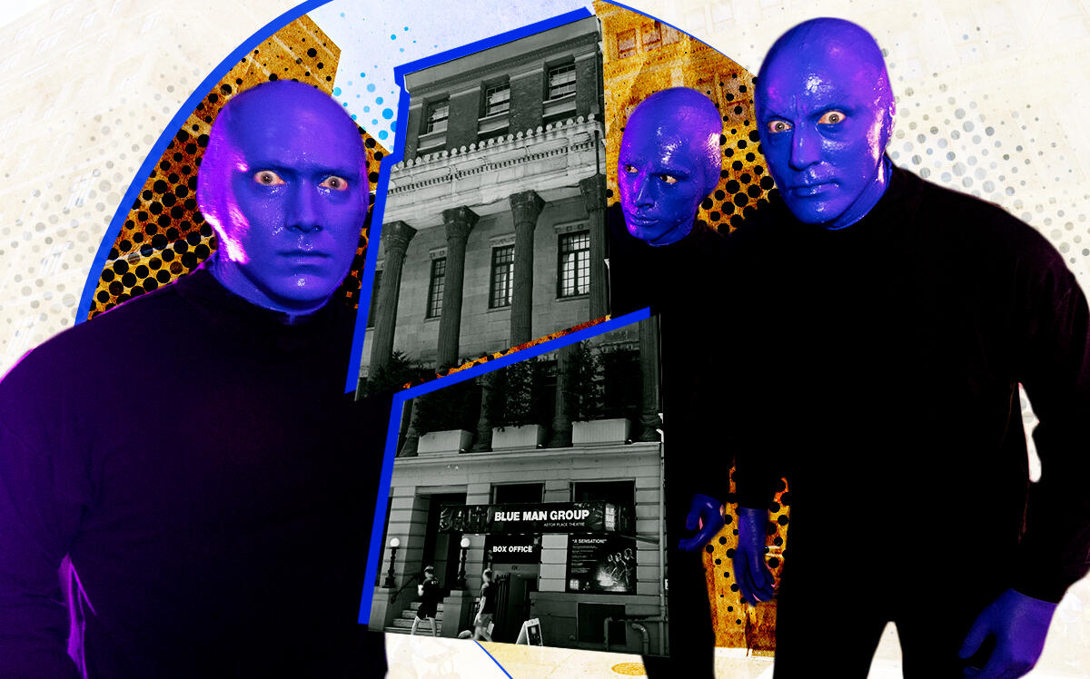 The Blue Man group and Astor Place Theater (Getty, Google Maps)