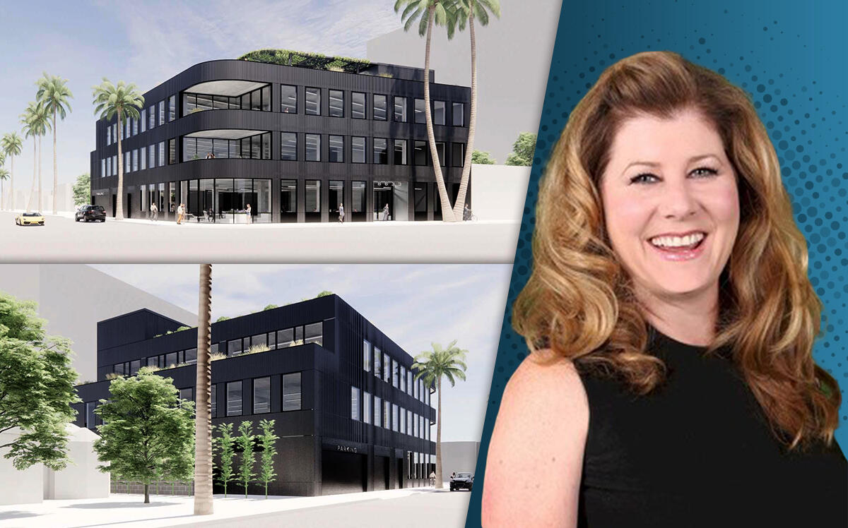 Skanska USA's Clare De Briere and renderings of the project at 8633 Wilshire Boulevard in Beverly Hills (LinkedIn, Skidmore, Owings & Merrill)