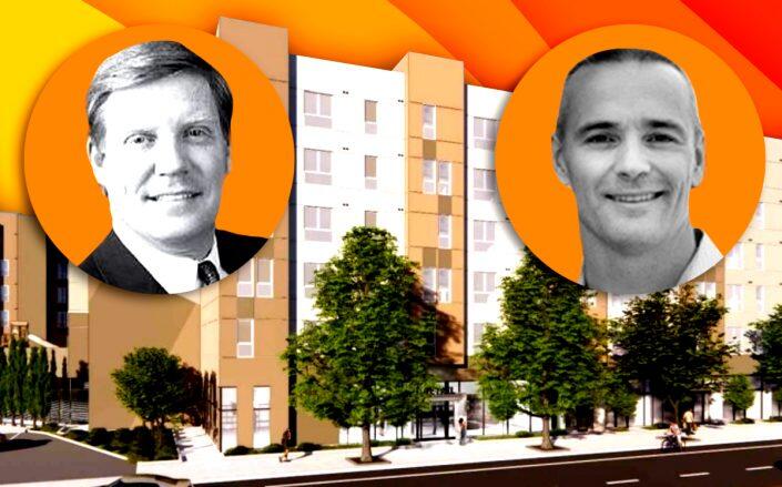 Maracor Development's Chris Hawke and The Pacific Companies' Caleb Roope with 628 and 2638 Union Avenue (LinkedIn, Getty, AO Architects, TPC Housing)