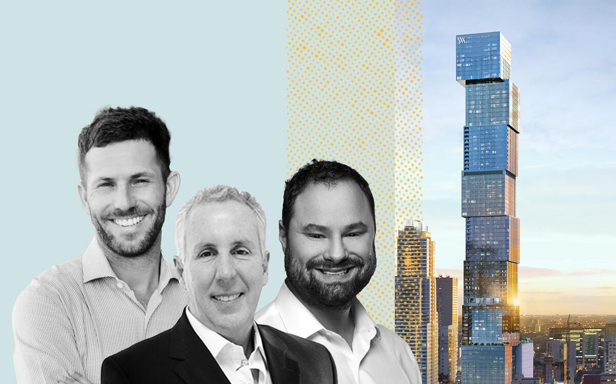 PMG principals Kevin Maloney (middle), Ryan Shear (left) and Dan Kaplan with a rendering of Waldorf Astoria Miami (Rendering via ArX Solutions)