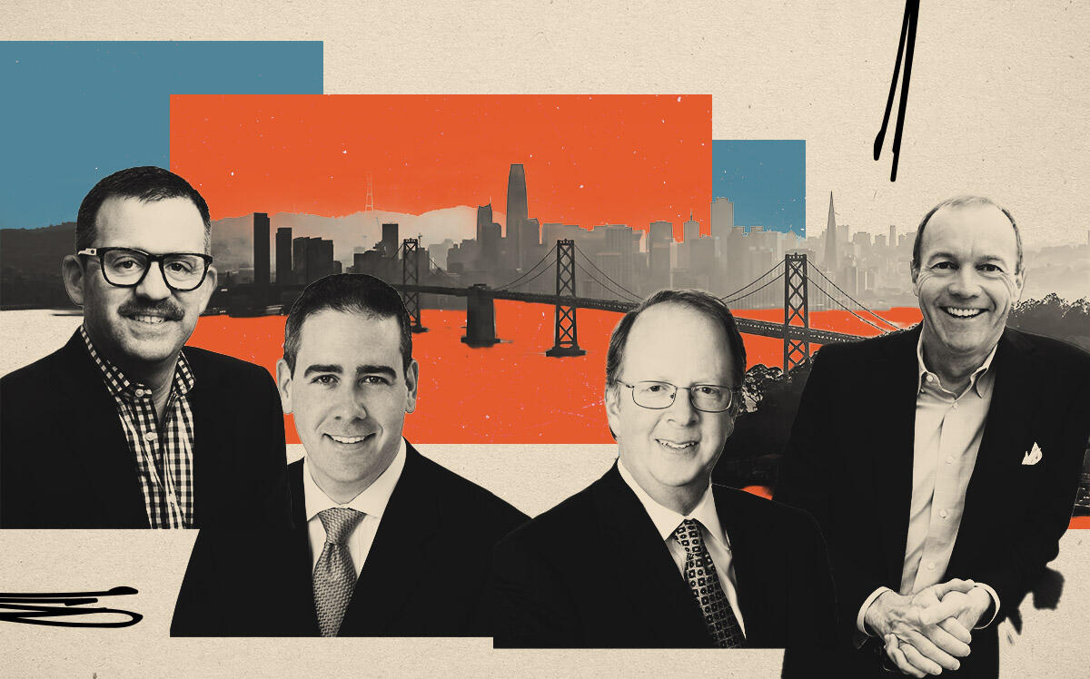 Avison Young's Ross Robinson, Kidder Matthews' Jim Walker &amp; Kidder Mathews. Transwestern's Mike McCarthy (Illustration by Kevin Cifuentes for The Real Deal with Getty Images, Avison Young, Kidder Matthews, Transwestern)