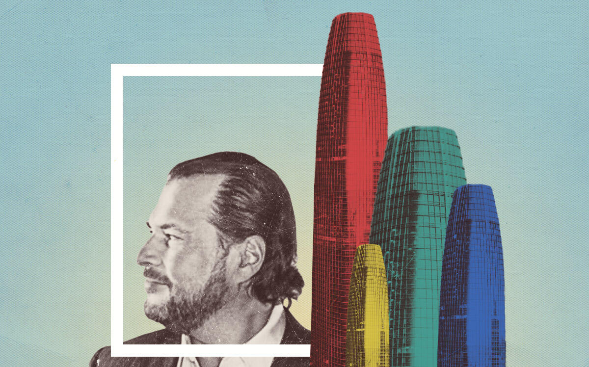 Salesforce's Marc Benioff and the Salesforce Tower at 415 Mission Street (Illustration by Kevin Cifuentes for The Real Deal with Getty Images, BXP Salesforce)