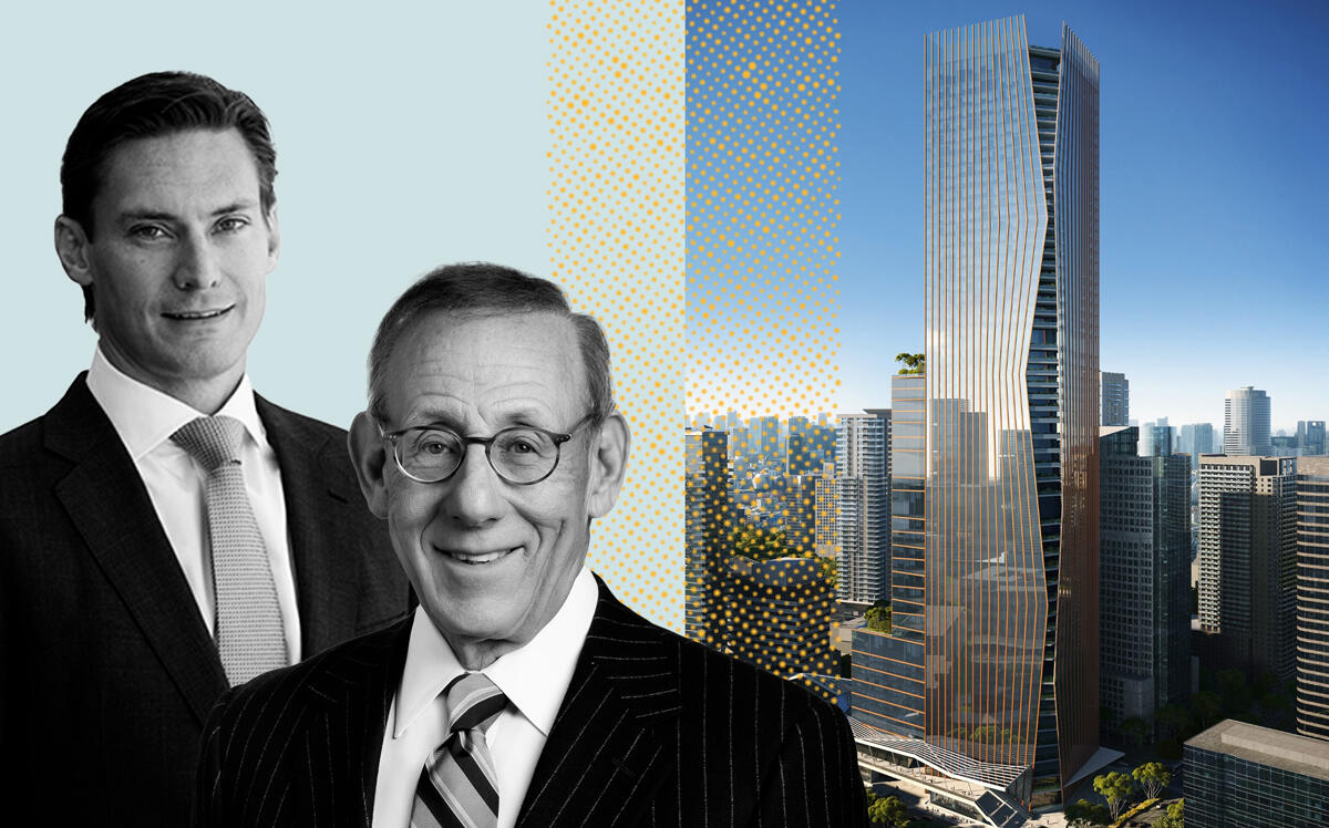Swire's Kieran Bowers and Related's Stephen Ross with One Brickell City Centre (Rendering via Swire Properties and Related Companies)