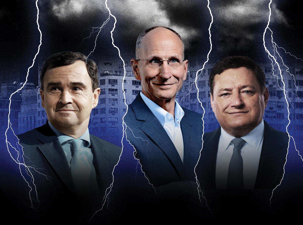 From left: JLL's Christian Ulbrich, CBRE's Robert Sulentic, and Cushman &amp; Wakefield's John Forrester (Photo-illustration by Kevin Rebong/The Real Deal; images via CBRE, Getty Images)