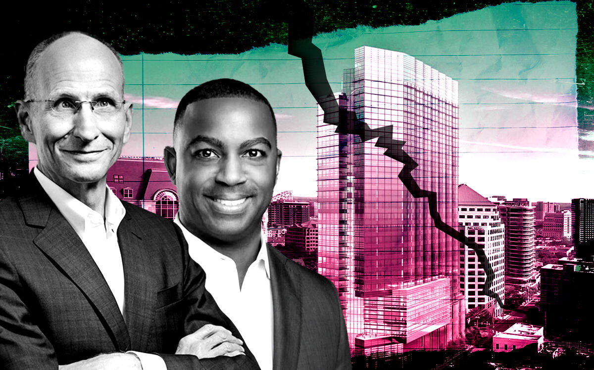 From left: CBRE's Bob Sulentic and Jeremy McGown with McKinney Avenue's Office Tower (CBRE, Getty, Trammel Crow)