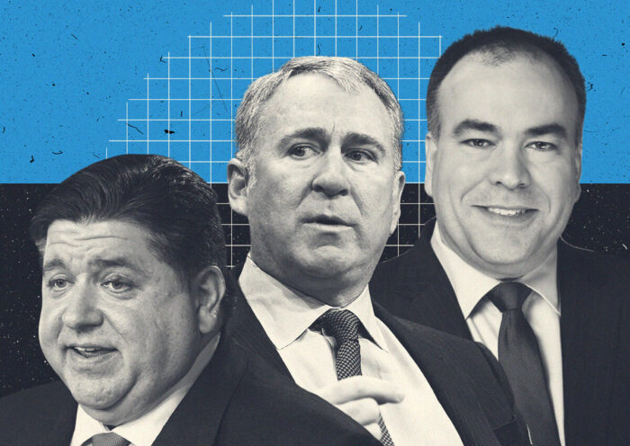 Governor J.B. Pritzker, Ken Griffin, and Cook County Assessor Fritz Kaegi (Illustration by The Real Deal with Getty, Cook County)