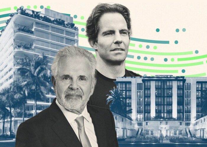 Russell Galbut and Michael Shvo with rendering of office clock tower project at 407 Lincoln Road and 1030 Sixth Street (GFO Investments, SHVO, Getty)