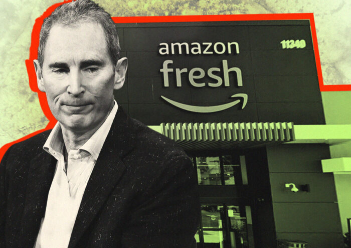 Amazon's Andy Jassy with Amazon Fresh store front (Illustration by The Real Deal with Getty, Google maps)