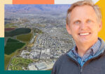 Sunnyvale Mayor Larry Klein with simulated aerial view of Moffett Park (Larry Klein for Mayor, City of Sunnyvale)