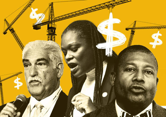 From left: BTEA's Louis Coletti, Assembly member Rodneyse Bichotte Hermelyn and Sen. James Sanders Jr. (Getty; Illustration by Kevin Rebong for The Real Deal)