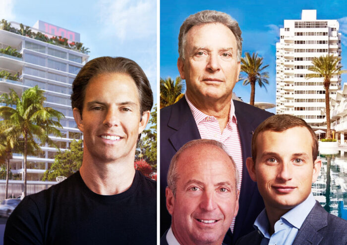 Michael Shvo with a rendering of 407 Lincoln Road and Steve Witkoff, Alex Witkoff, Monroe Capital’s Theodore Koenig, and The Shore Club at 1901 Collins Avenue (SHVO, Witkoff, Monroe Capital)