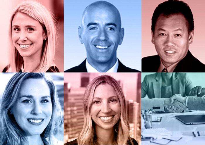 Clockwise from top left: JLL's Allison Hoffman, Colliers' Jacob Becher, Colliers' Rico Cheung, Maven Commercial's Ali McEvoy, and TMG Partners' Britt Wenzler (JLL, Colliers, Maven Commercial, TMG)