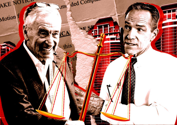 From left: The Trump Group's Jules Trump and Suffolk Construction's John Fish along with a rendering of the Estates at Acqualina (Photo Illustration by Steven Dilakian for The Real Deal with Getty, The Trump Group, and Weiss Serota Helfman Cole & Bierman, P.L.)