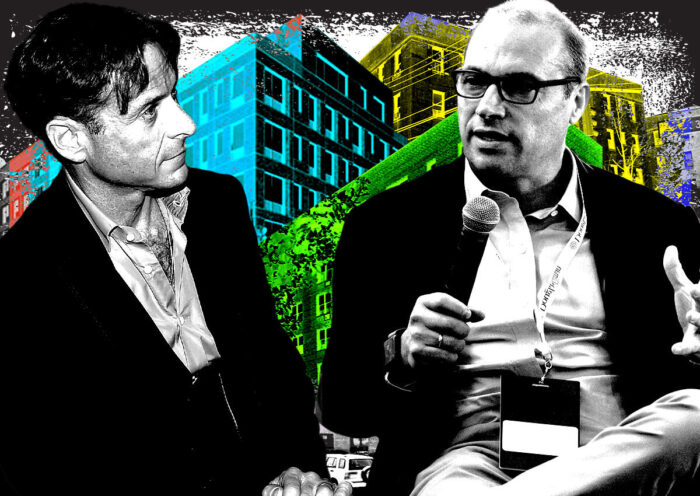 From left: William Macklowe Company's William Macklowe and A&E Real Estate's Doug Eisenberg along with 120 Fifth Avenue in Brooklyn, Acropolis Gardens in Astoria, and 2750 Homecrest Avenue in Brighton Beach (Getty, Google Maps, William Macklowe Company, A&E Real Estate)