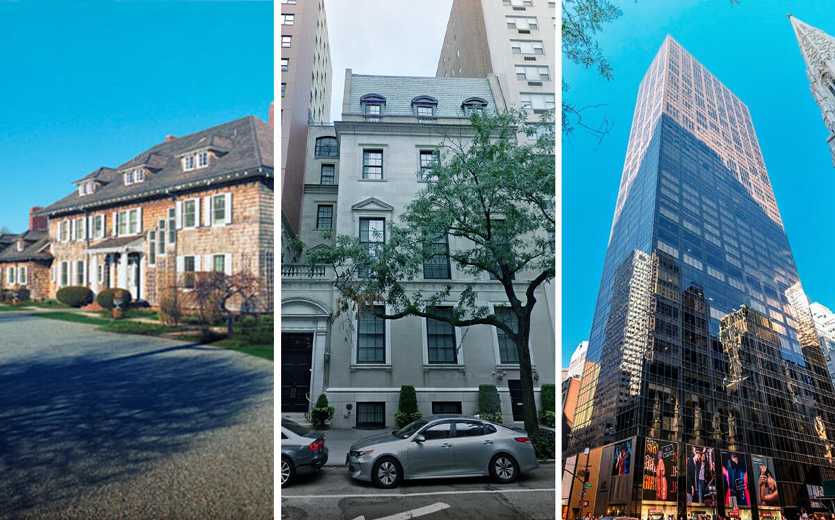 From left: The Paulsons' home in Southampton, their Upper East Side townhouse and the Olympic Tower (Sotheby’s International Realty, Google Maps, Olympic Tower)
