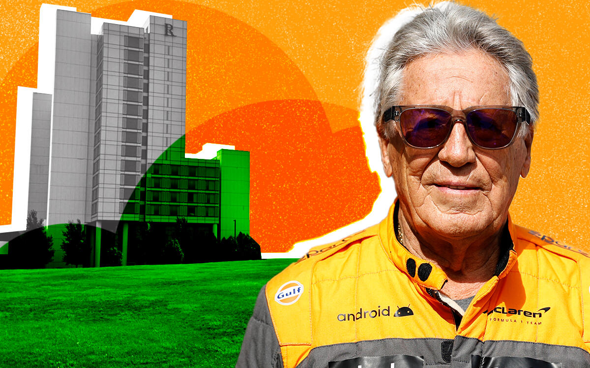 Mario Andretti with development site is located west of the Schaumburg Convention Center and Renaissance Hotel (Getty, google Maps)