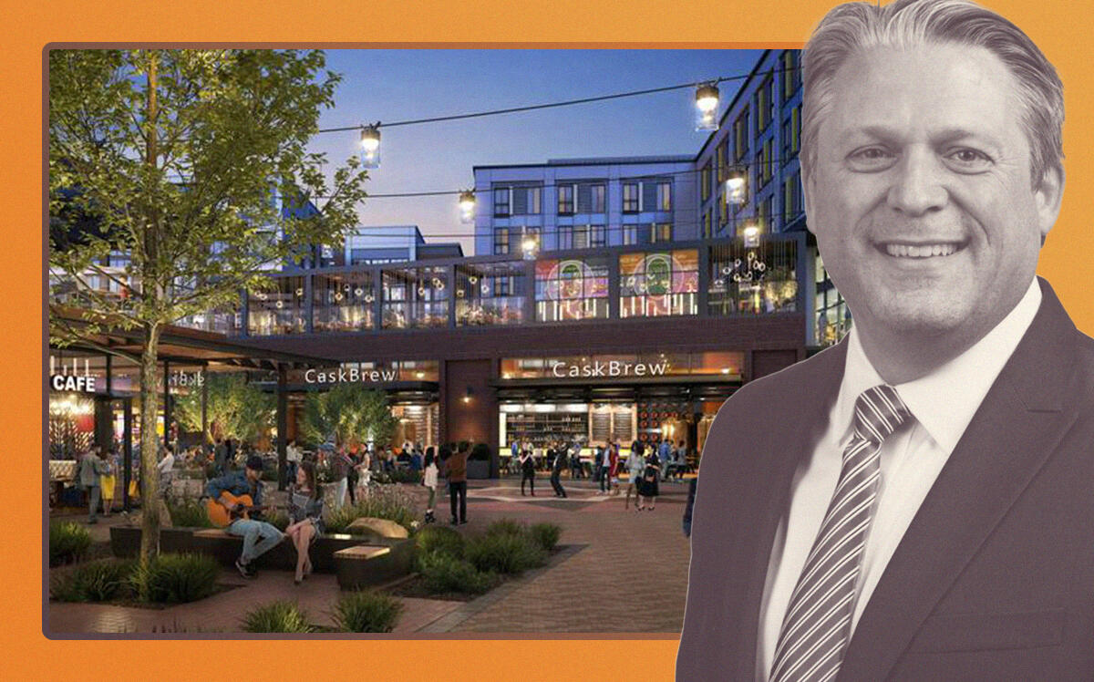 Unibail-Rodamco-Westfield's Stephen Fluhr with rendering of planned redevelopment of Old Orchard mall (LinkedIn, Unibail-Rodamco-Westfield)