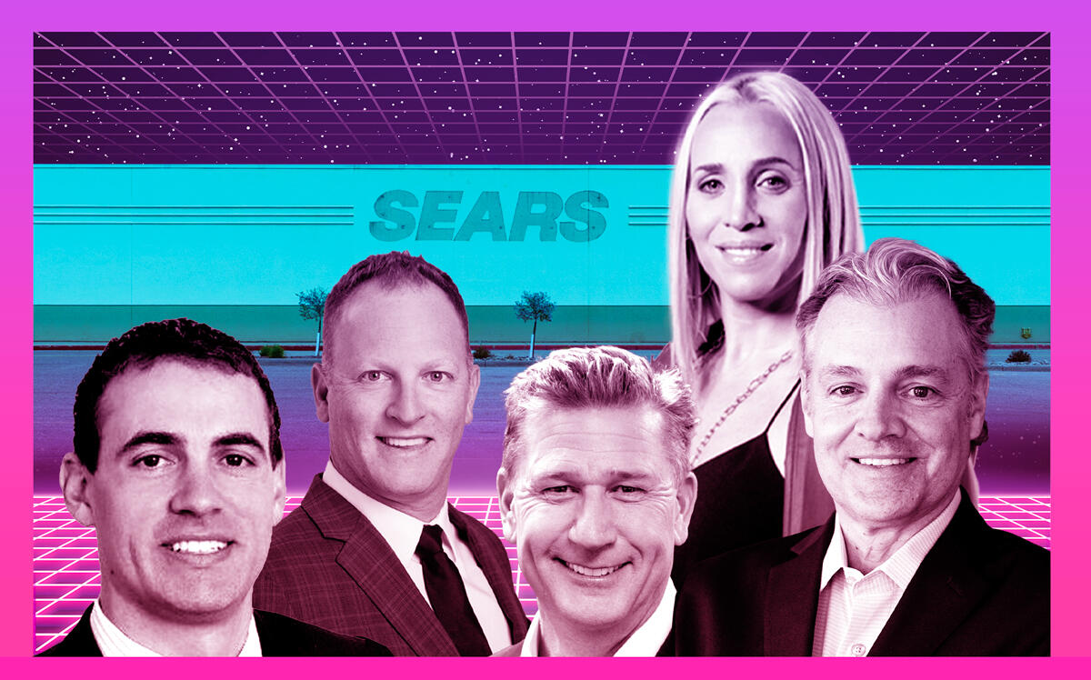From left: Unibail-Rodamco-Westfield's Geoffrey Mason, Pacific Retail Capital Partners’ Jonathan Rood, UrbanStreet Group’s Robert Burk and Robert Kuker and Lionheart Capital’s Allison Greenfield (Illustration by The Real Deal)
