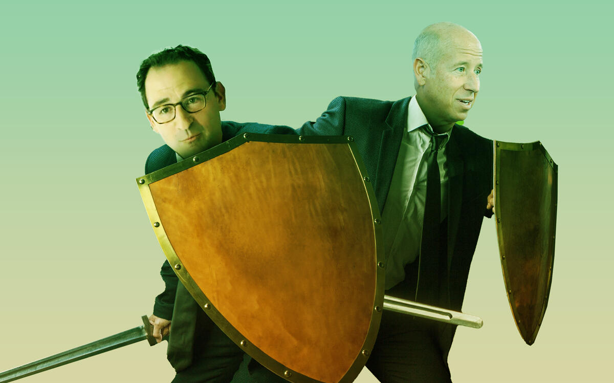 Photo illustration of Blackstone's Jon Gray and Starwood's Barry Sternlicht (Blackstone/YouTube, Getty; Illustration by Kevin Rebong for The Real Deal)