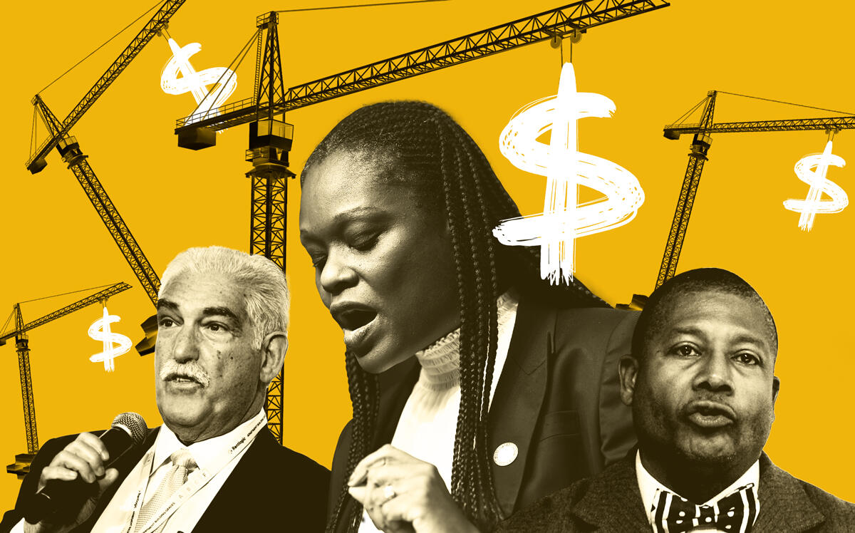 From left: BTEA's Louis Coletti, Assembly member Rodneyse Bichotte Hermelyn and Sen. James Sanders Jr. (Getty; Illustration by Kevin Rebong for The Real Deal)