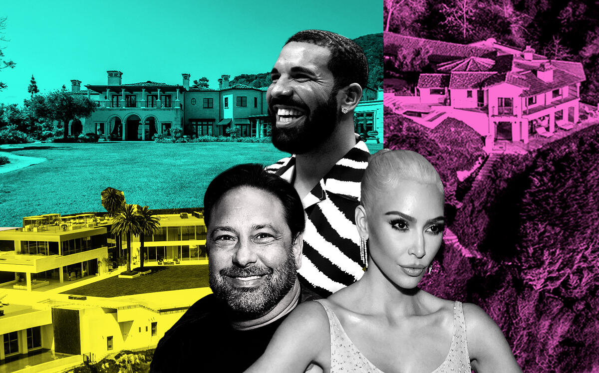 Clockwise from left: Nile Niami with The One, Drake with 9904 Kip Drive, and Kim Kardashian with 33128 Pacific Coast Highway (Illustration by The Real Deal)