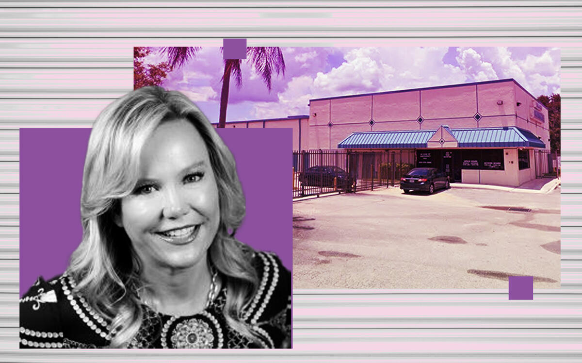 Merit Hill CEO Elizabeth Schlesinger and the Pines West Storage Center at 400 Northwest 172nd Avenue in Pembroke Pines (Merit Hill, Google Maps, Getty)
