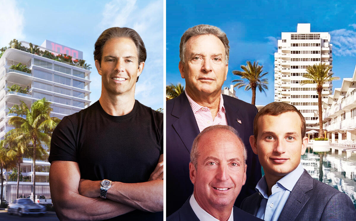Michael Shvo with a rendering of 407 Lincoln Road and Steve Witkoff, Alex Witkoff, Monroe Capital’s Theodore Koenig, and The Shore Club at 1901 Collins Avenue (SHVO, Witkoff, Monroe Capital)