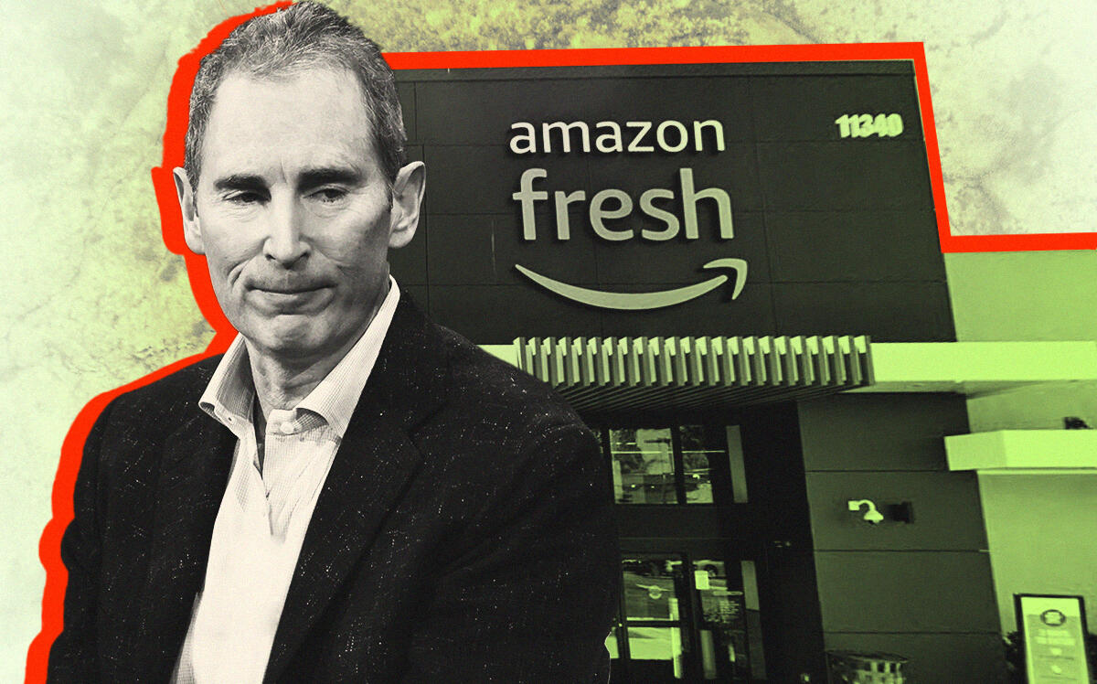Amazon's Andy Jassy with Amazon Fresh store front (Illustration by The Real Deal with Getty, Google maps)