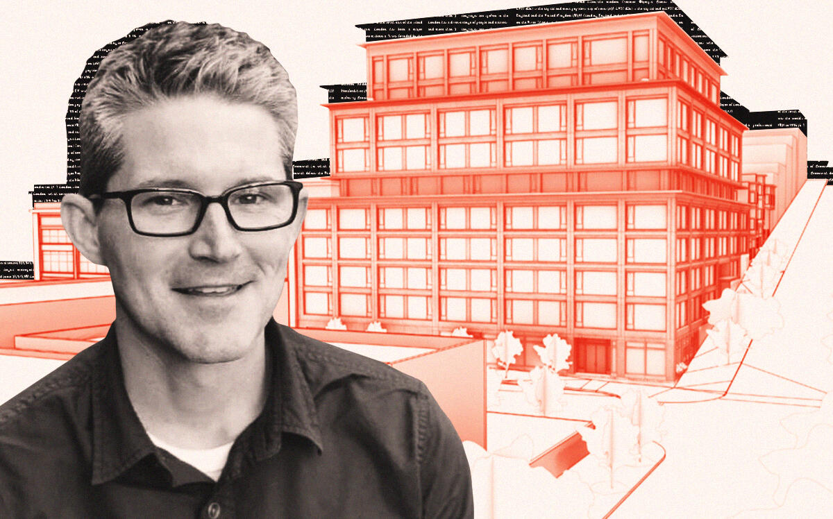 Zoning Administrator Corey Teague with rendering of 955 Sansome Street (LinkedIn, Handel Architects, Getty)