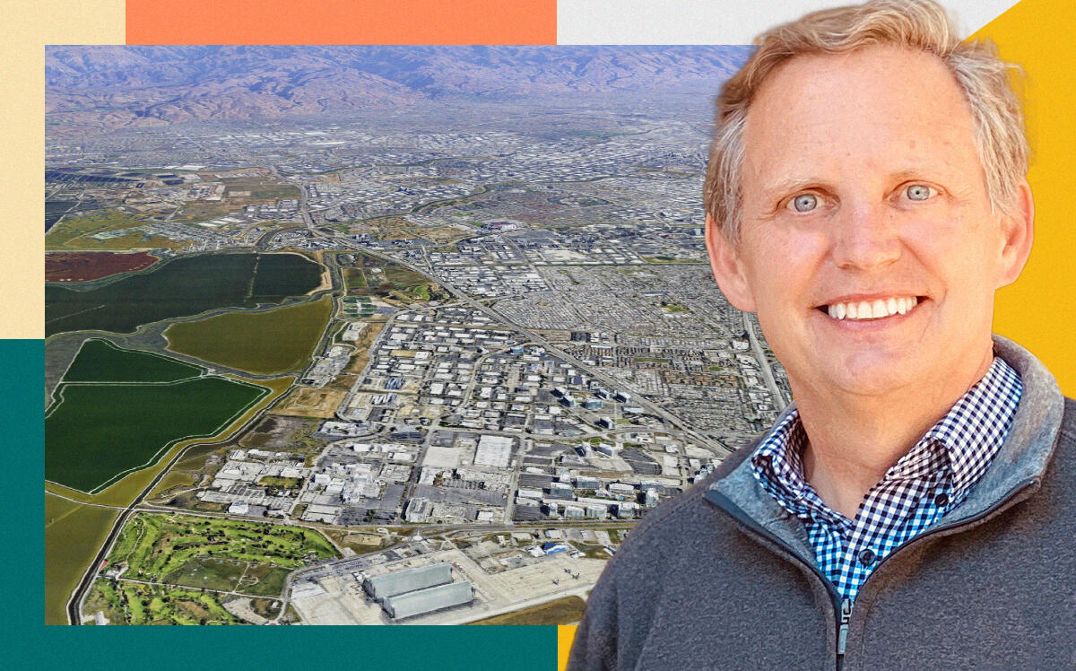 Sunnyvale Mayor Larry Klein with simulated aerial view of Moffett Park (Larry Klein for Mayor, City of Sunnyvale)