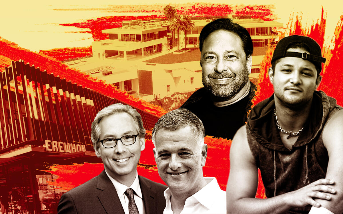 Clockwise from left: Erewhon Studio City, The One, Nile Niami,  Chris Pearson, Erewhon CEO Tony Antoci and Midwood CEO John Usdan (Getty; Illustration by The Real Deal)