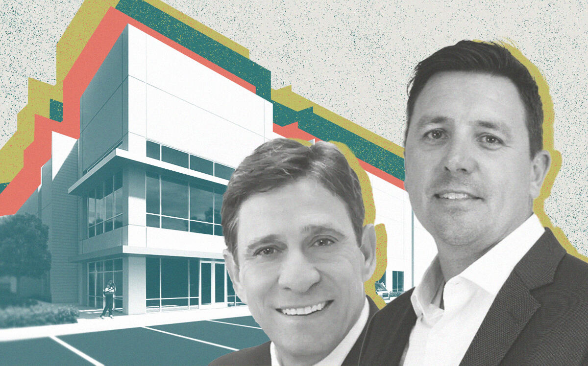 Cushman &amp; Wakefield's Jim Foreman and IDV's Tyndall Yaap with rendering of South Belt Central Business Park Phase 2 building (Investment and Development Ventures, Cushman &amp; Wakefield, Getty)