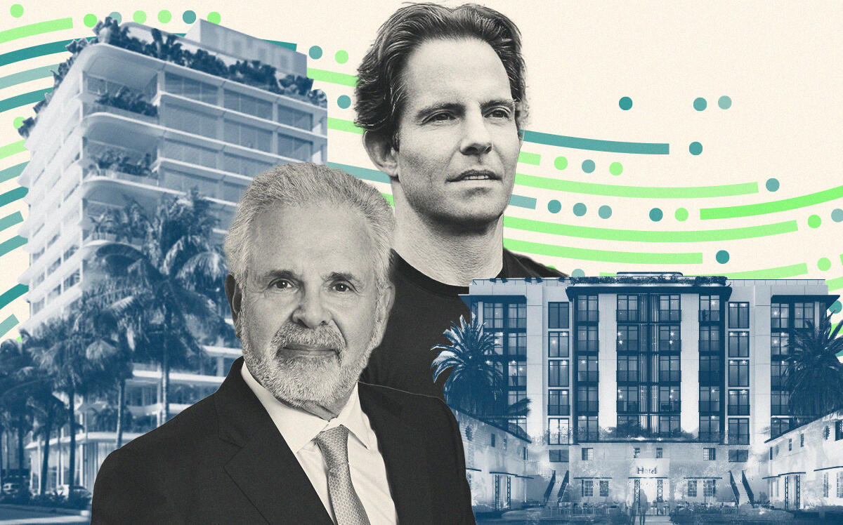 Russell Galbut and Michael Shvo with rendering of office clock tower project at 407 Lincoln Road and 1030 Sixth Street (GFO Investments, SHVO, Getty)