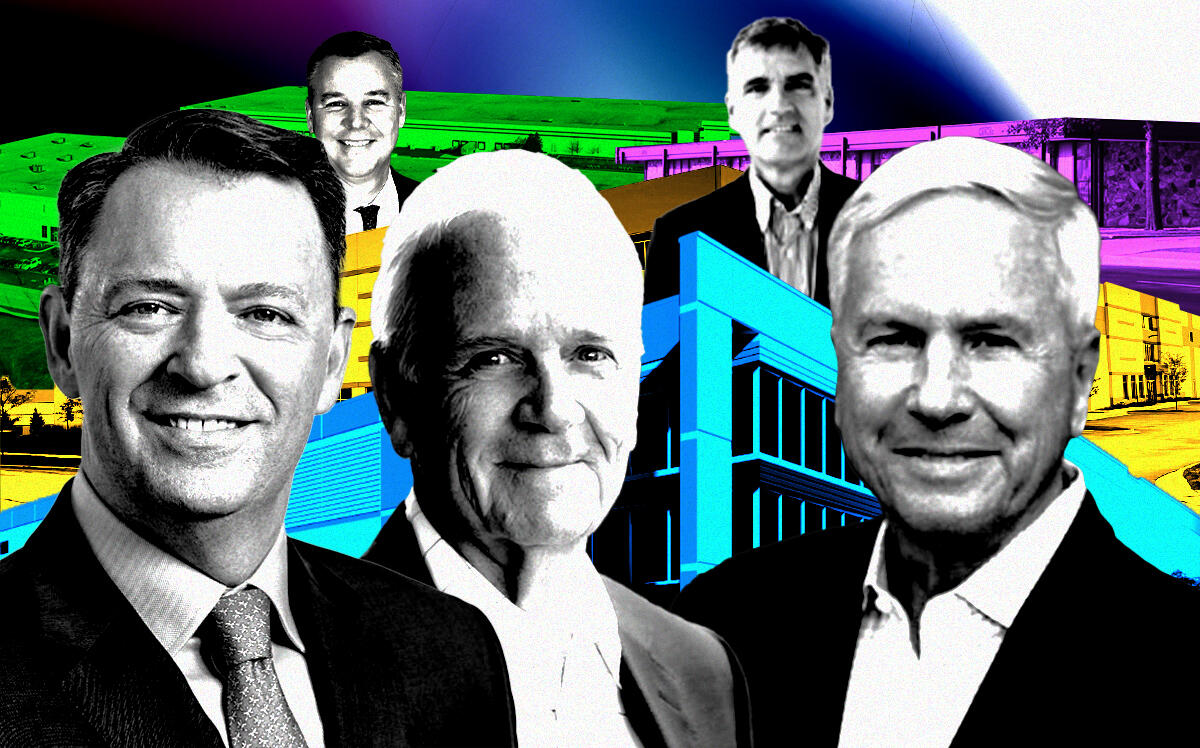 From left: Fayez Sarofim &amp; Co.'s Doug Alder, CFA; TradeLane Properties' Neil P. Doyle (back row); Pacifica Real Estate Group's Robert C. Gibbs; Midwest Industrial Funds' Michael Androwich (back row); and Pacifica Real Estate Group's Russell Fraser along with several of the recently leased Class A warehouse properties throughout the Chicago area (Getty, TradeLane Properties, Pacifica Real Estate Group, Midwest Industrial Funds, LoopNet, LinkedIn)