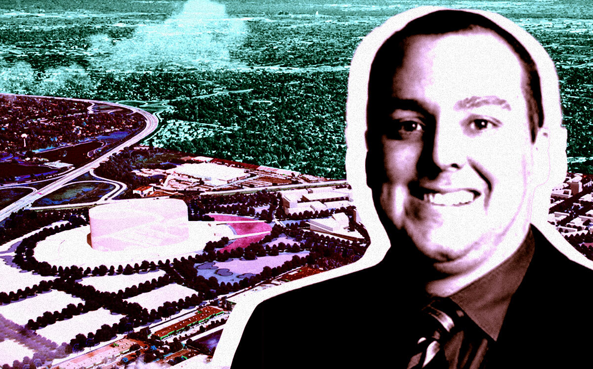 Americans for Prosperity's Brian Costin and a rendering of the Chicago Bears’ planned Arlington stadium (LinkedIn/Brian Costin, Hart Howerton/Chicago Bears)