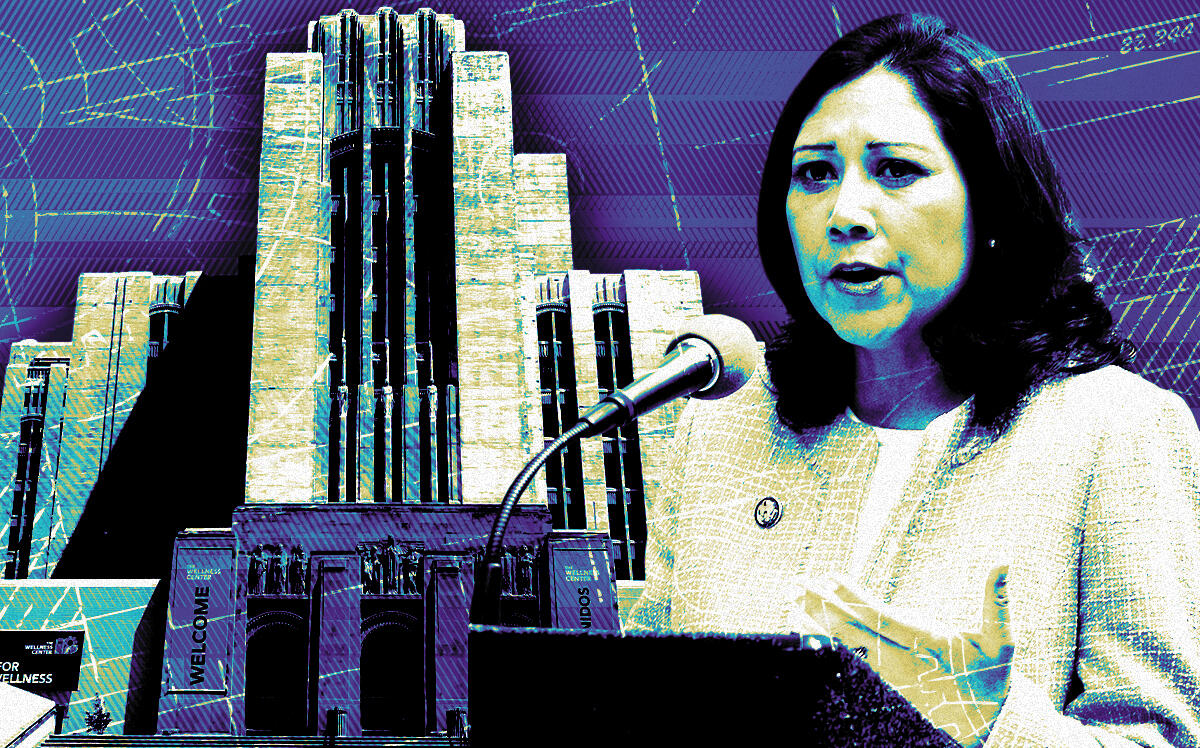 A photo illustration of Los Angeles County Supervisor Hilda Solis and 1200 State Street in Los Angeles (Getty, Los Angeles Conservancy)