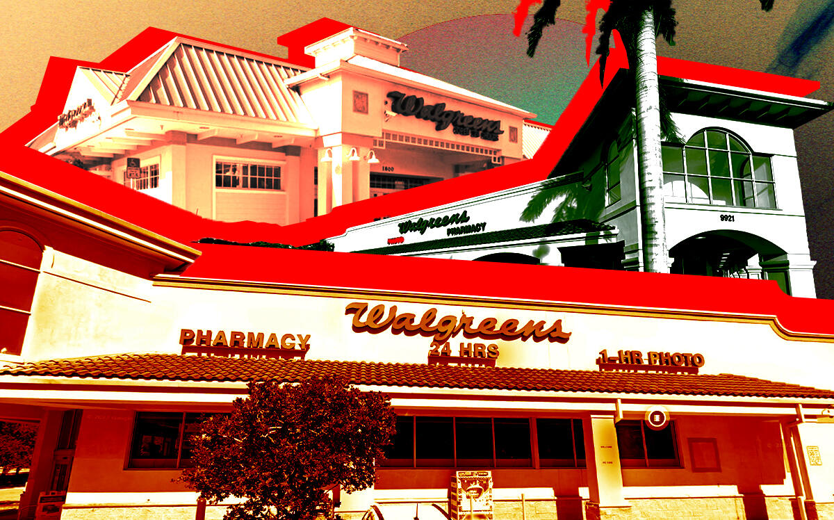 From top: Walgreens stores at 1800 West Indiantown Road in Jupiter, 3595 Southwest 22nd Street in Miami, and 9921 Okeechobee Boulevard in Boca Raton (Getty, Google Maps, LoopNet)